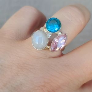 New Rainbow Moonstone, Apatite & Pink Topaz Adjustable 925 Silver Ring.